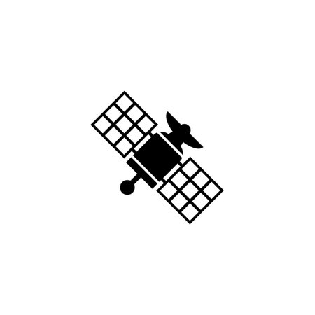 A simple black and white icon depicting a stylized satellite with solar panels, representing communication, technology, and space exploration. Vector icon for website design, logo, app, uiのイラスト素材