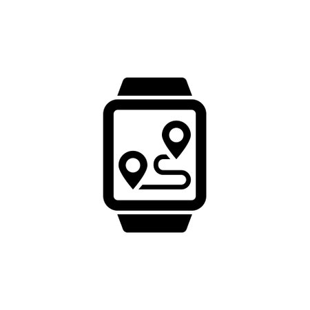 A simple black and white icon depicting a smartwatch with map location markers, symbolizing global positioning, navigation, and real-time tracking capabilities. Vector icon for website design, logoのイラスト素材