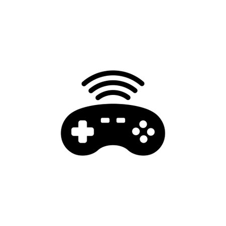 A simple black and white icon depicting a wireless video game controller or gamepad, symbolizing remote, wireless, and interactive entertainment technology. Vector icon for website design, logo, appのイラスト素材