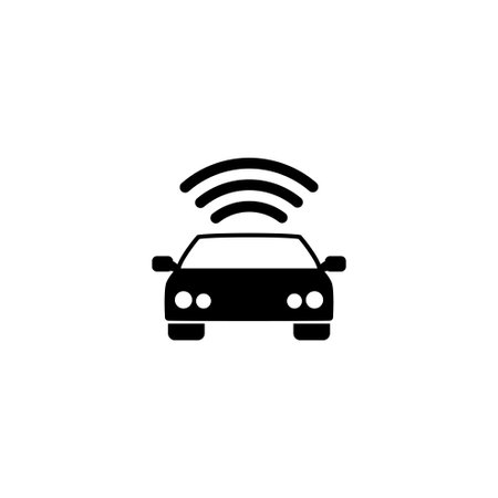 A silhouette of a car with wireless signal waves, representing the concept of autonomous or self-driving vehicles with connectivity features. Vector icon for website design, logo, app, uiのイラスト素材