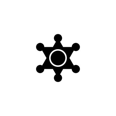A simple, geometric black and white icon depicting a stylized sheriffs badge or star symbol, conveying authority, law enforcement, and security. Vector icon for website design, logo, app, uiのイラスト素材