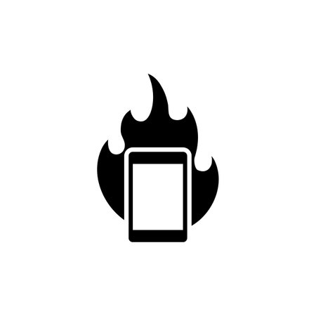 An illustration depicting a smartphone surrounded by flames, symbolizing the overheating or potential safety issues with electronic devicesのイラスト素材