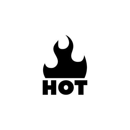 A black flame icon above the word HOT in bold, capital letters on a white backgroundのイラスト素材
