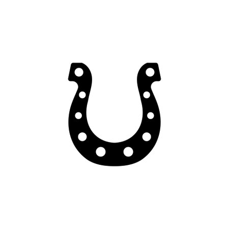 A minimalist black and white icon depicting a stylized horseshoe shape with distinctive circular patterns, representing luck, fortune, and equestrian themesのイラスト素材