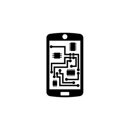 A minimalist black and white icon depicting a stylized smartphone silhouette filled with an intricate circuit board design, representing advanced technology, innovation, and digital connectivityのイラスト素材