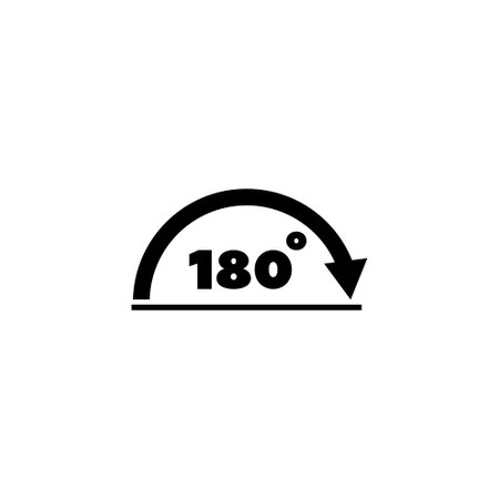 A simple black and white icon depicting a semicircular shape with the number 180 inside, representing a 180 degree angle or rotationのイラスト素材
