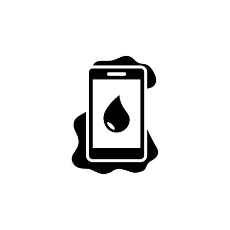 A minimalist icon depicting a smartphone with a water droplet symbol, representing the concept of water damage or water resistance in mobile devicesのイラスト素材