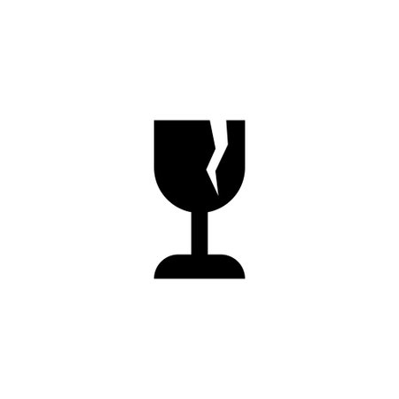 A sleek black and white vector icon depicting a wine glass with a visible crack, symbolizing breakage or damage. Perfect for designs related to fragility, accidents, loss, or vulnerability.のイラスト素材