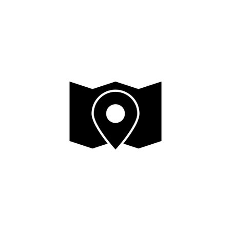 Black map icon with location pin, symbolizing navigation, GPS direction, and destination marking.のイラスト素材