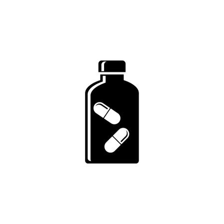Black and white vector icon depicting a medicine bottle with pills.のイラスト素材