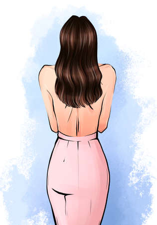 hand drawn illustration of a woman brown wavy hair stands with her back in light pink skirtの写真素材