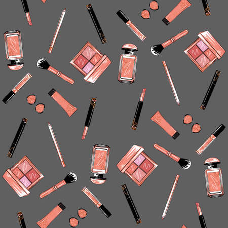 Hand drawn beautiful minimalist makeup set. Hand drawn cosmetics with lipstick, eye shadows, powder, perfume, brushes, mascara on backgroundの写真素材