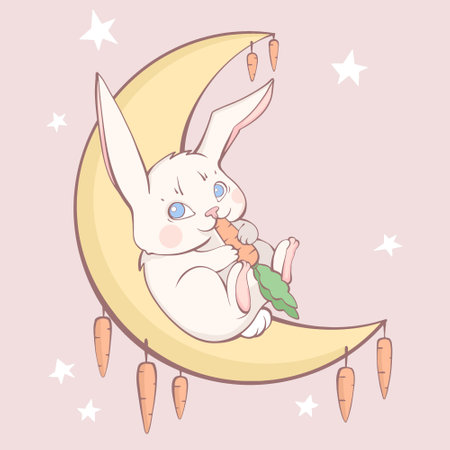 Little white rabbit eating a carrot on the moon surrounded by stars and carrots. Vector illustration for children rabbit lying on the moon. Fluffy white hare eating carrot children's illustration artのイラスト素材