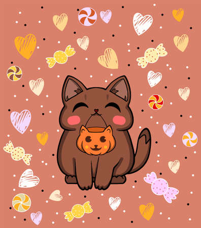 Halloween cat illustration. Drawn cute cat with a pumpkin for sweets. Art of a cute cat for Halloween. Brown cat illustration surrounded by sweets and hearts. Cute print for kids clothing designのイラスト素材