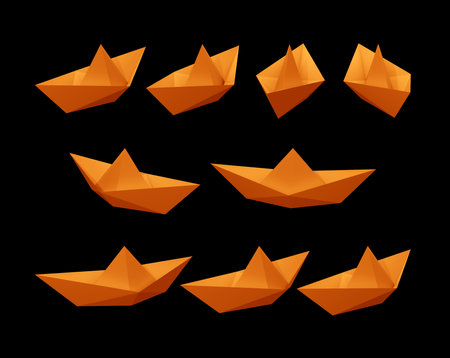 Set of origami boats isolated on black background. Vector illustration.の写真素材