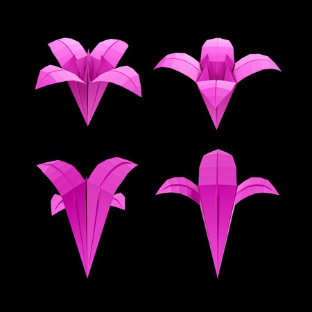 Set of pink origami flowers isolated on black background. Vector illustration.の写真素材