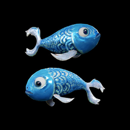 Blue fish isolated on a black background. 3d render with clipping pathの写真素材