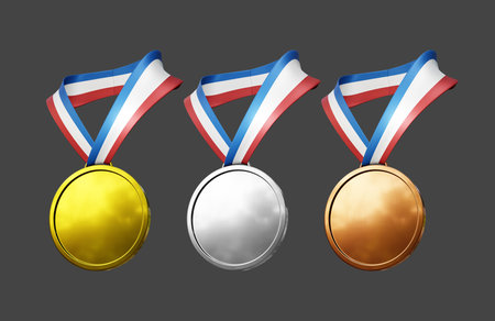 Gold, silver and bronze medals with ribbons isolated on grey backgroundの写真素材