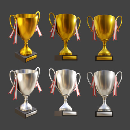 Trophy cups set with ribbons isolated on grey background. Vector illustrationの写真素材