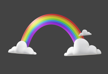 Rainbow with clouds. 3d illustration isolated on grey background.の写真素材