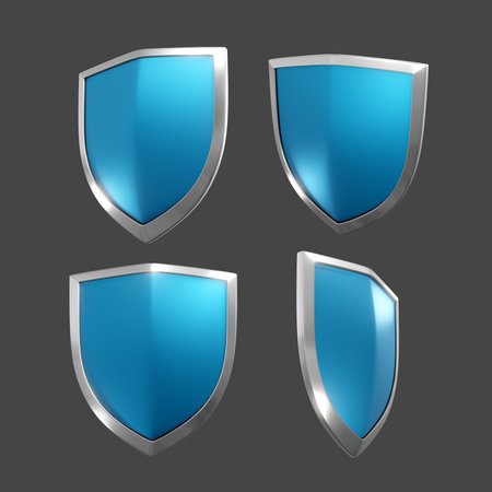 Set of blue shields on a gray background. Eps 10 vector file.の写真素材