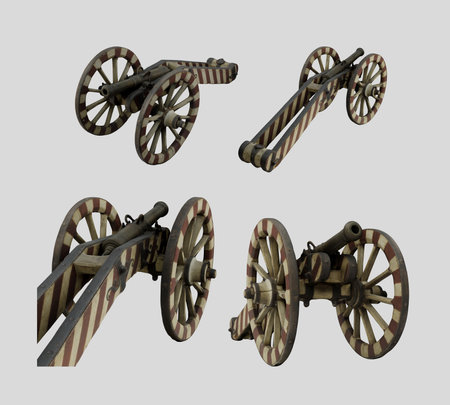 3D render of an old cannon set on a gray background.の写真素材