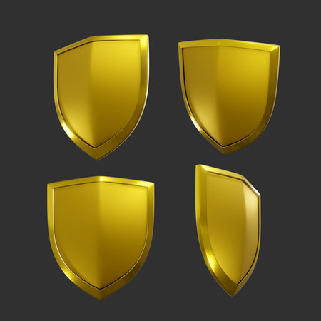 Set of gold shields on a gray background. 3d vector illustrationの写真素材