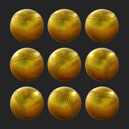 Set of golden baseball balls isolated on dark background. Vector illustration.の写真素材