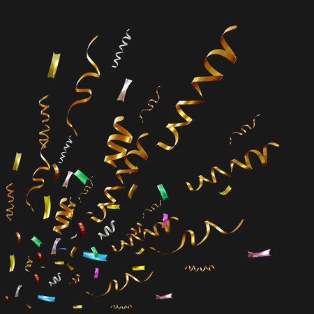 Colorful confetti and ribbons on black background. Holiday vector illustration.の写真素材
