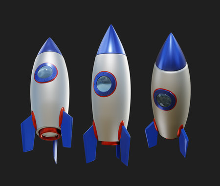 Rocket icon isolated on black background. 3d rendering. Eps 10.の写真素材