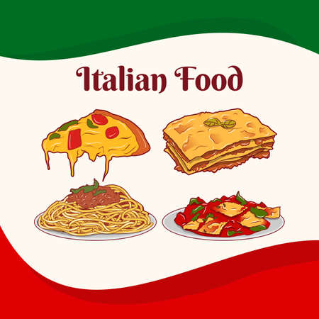 illustration of Italian food in cartoon vector drawingのイラスト素材