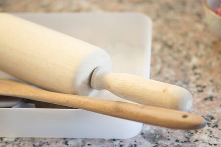 Wooden utensils on wooden tableの写真素材