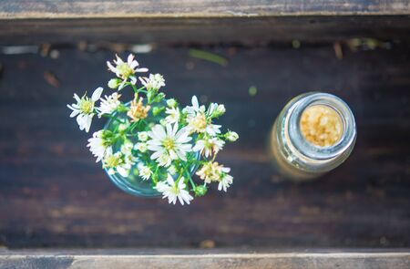 Sugar and flower in the glass on the tableの写真素材