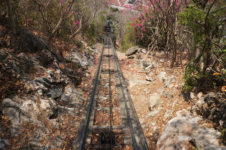 cobbled street and tram track rail uphill, at the PHRA-NA-KHON-KHI-RI,  HISTORICAL, PARK , KhaoWang,...