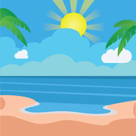 Ocean view with clouds, coconut trees, and shiny sun vector illustrationのイラスト素材