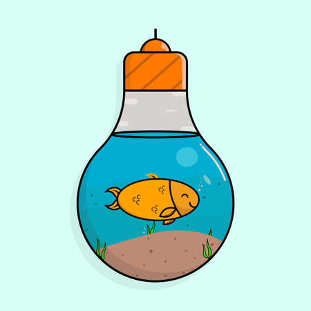 Illustration of yellow fish swimming in a bulb with water and sand vector designのイラスト素材