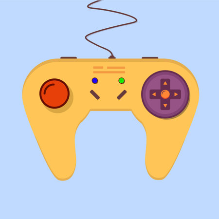 Flat and simple design of yellow gaming console joystick isolated on blue background