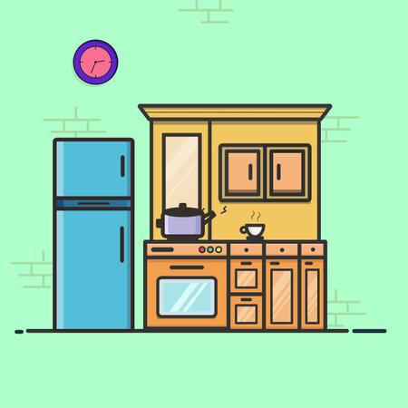 Illustration of kitchen with cookware, cupboard and refrigerator vector designのイラスト素材