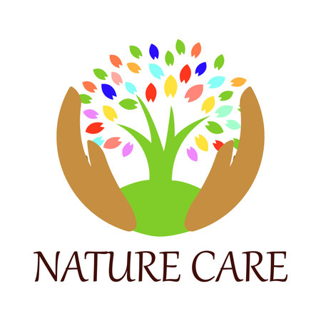 Nature care logo with tree inside hands. Simple and modern vector logo design template element.のイラスト素材
