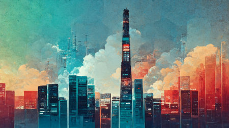 Modern cityscape background with colorful painting styleの写真素材