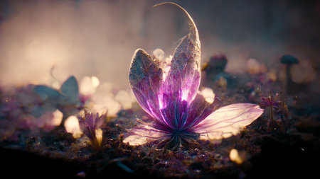 Beautiful fantasy flower with glowing purple color. 3D artwork backgroundの写真素材