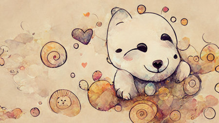 Cute doodle art with smiling dog and love. watercolor background designの写真素材