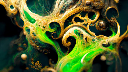 Baroque abstract green and gold brush stroke realistic ornate design, CG artwork designの写真素材