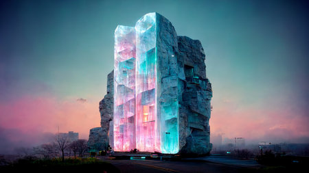 Futuristic rock wall with pastel glowing windows. CG artwork background illustration