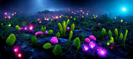 Fantasy glowing plants in forest with lights in the background. 3D rendering