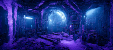 Futuristic fantasy abandoned sci-fi cave with blue lights, 3D illustrationの写真素材