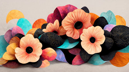 3D rendering. Panoramic floral background with paper style design