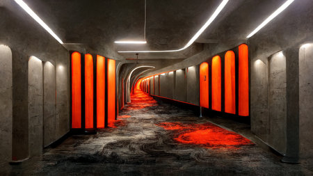 3D rendering. Underground building with neon lights backgroundの写真素材