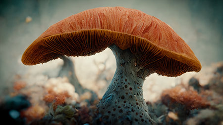 3D Rendering, ultra detailed mushrooms on forest background illustrationの写真素材