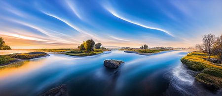 Beautiful landscape with watercolor painting style, blue sky and river background. 3D illustrationの写真素材